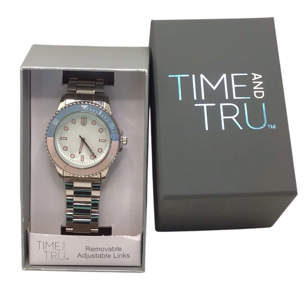 Time And Tru Women’s Silver Tone White, Pink, & Blue Bezel Bracelet Watch